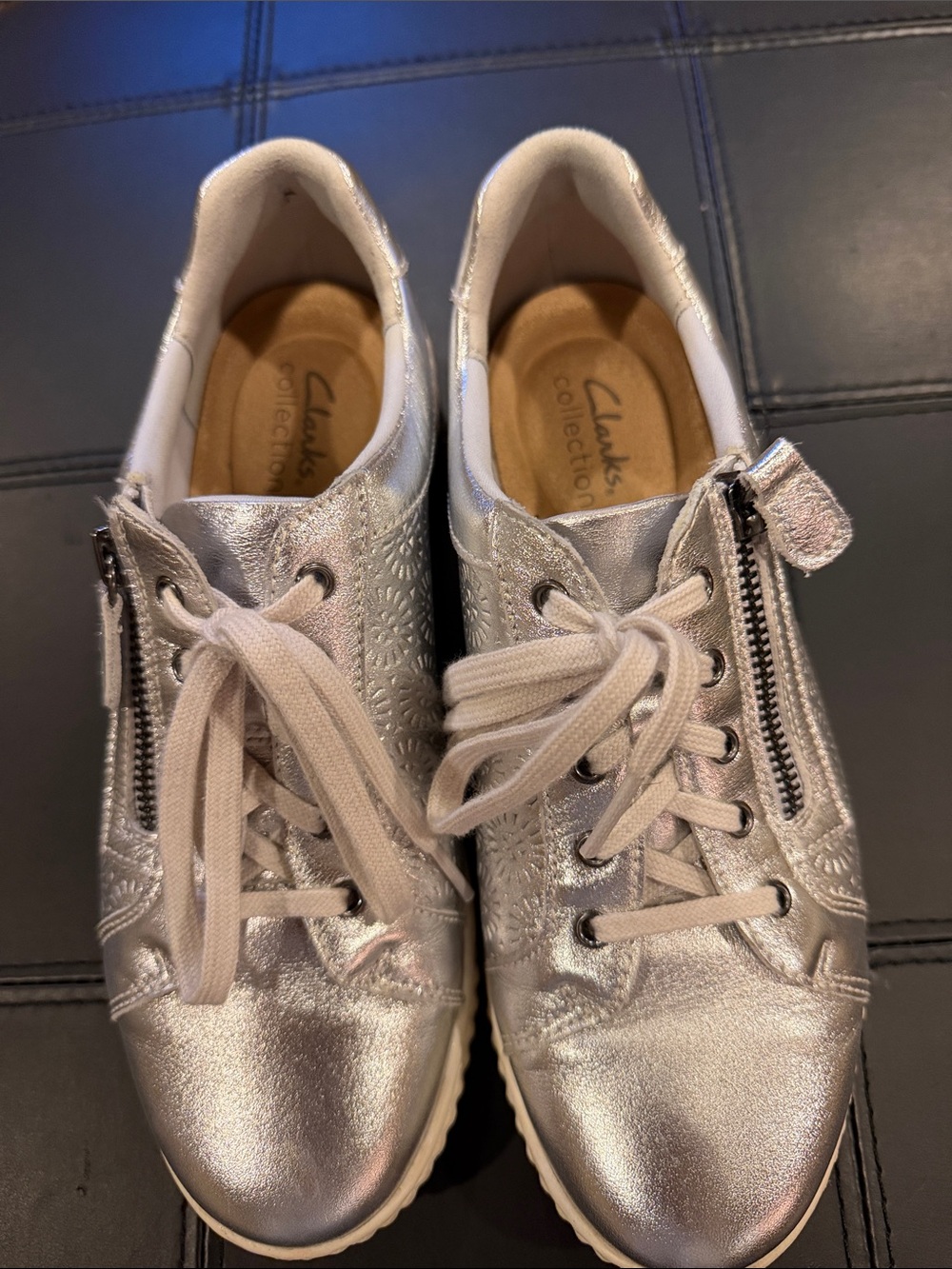 Clarks Metallic Silver Lace-Up Sneakers with Side Zips